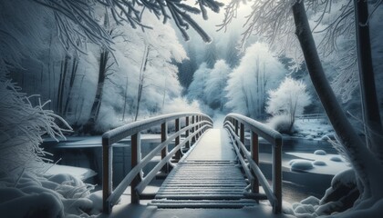 Medium shot of a snow-covered footbridge over a frozen creek, with frosted trees framing the scene. - obrazy, fototapety, plakaty
