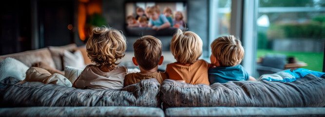 Four children sit close together on a large, textured grey sofa, deeply engrossed in a colorful...