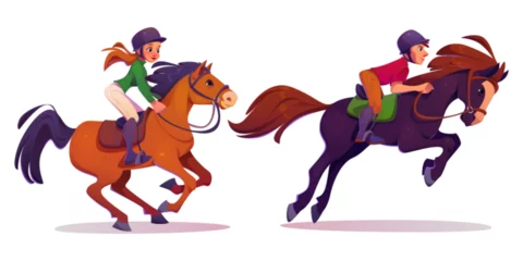 Deurstickers Horse rider man and woman in equipment. Cartoon vector illustration set of male and female character in helmet and uniforms ride on horseback. Equestrian school and racehorse training concept. © klyaksun