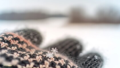 Close-up of snowflakes landing on a woolen scarf or gloves, with a snowy landscape blurred in the background 2. - obrazy, fototapety, plakaty