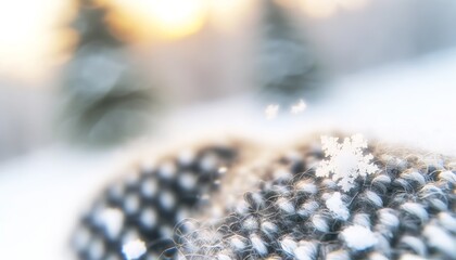 Close-up of snowflakes landing on a woolen scarf or gloves, with a snowy landscape blurred in the background. - obrazy, fototapety, plakaty