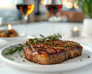 3D realistic grilled steak presentation in a modern white restaurant setting.