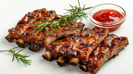 Appetizing grilled pork ribs with ketchup garnish on a white background.