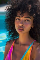 A stunning woman with curly hair and artistic makeup gazing at the camera by the pool