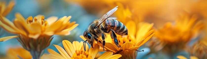 Bees at work among vibrant flowers - obrazy, fototapety, plakaty
