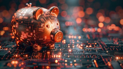 Cyber investment Electronic piggy bank and digital data - obrazy, fototapety, plakaty