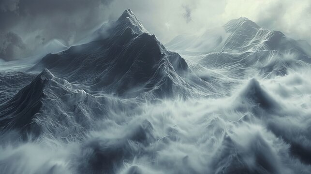 A 3D image of dramatic, towering mountains in a stormy setting.