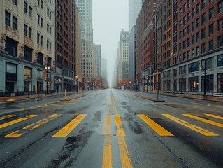Panoramic view of empty streets in a downtown area resembling Chicagos architecture.