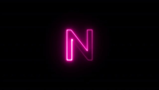 Abstract background Neon Letter N Animation on Black Background .Neon glowing sign letter N  with alpha channel, neon alphabet and letters, neon light for banner A to Z Animation.