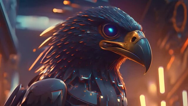 eagle half robot, cutting edge style, neon and lasers. mixture of animal and robot, cyborg animals.	Generative AI