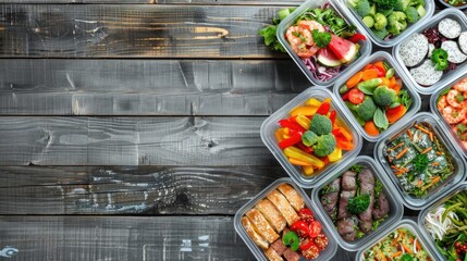 Variety of Food Packed in Lunch Boxes on Wooden Surface