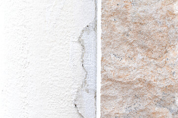 Cracked concrete wall. Uneven stucco surface backdrop. Unfinished work construction. 
