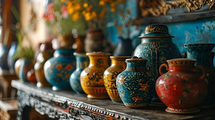 Vibrant ceramic pots on a wooden table with flowers - obrazy, fototapety, plakaty