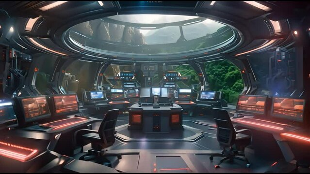 sci fi control room huge room futuristic sensors computers screens maps, Generative AI	
