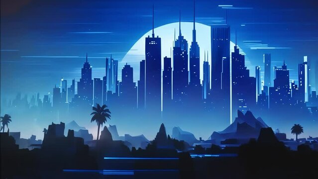 skyscrapers in blue colors. Retro style vector image in minimalism and neon. Generative AI