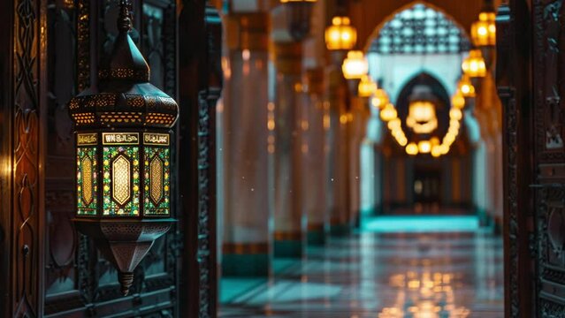 A Ramadan lantern hanging on a mosque with a long corridor at the back Loop