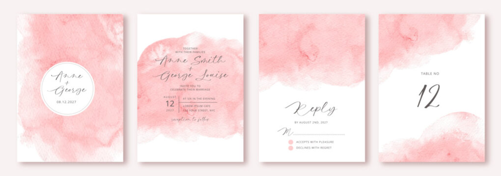 wedding invitation set with abstract pink watercolor background - Powered by Adobe