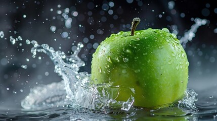 Freshness Splash, A crisp green apple, covered in droplets of fresh water, makes a splash as it drops into a water, the motion captured in stunning detail against a blurred background of bokeh lights.
