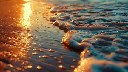 Golden Hour Tide, A serene beach scene captured at sunset with waves gently lapping at the shore, reflecting the stunning golden light of the setting sun - obrazy, fototapety, plakaty