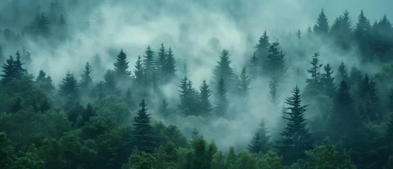 Zelfklevend Fotobehang Misty Forest Morning, A serene forest scene enveloped in mist, with the sunlight gently filtering through the dense canopy of evergreens, casting a mystical glow over the verdant landscape © auc