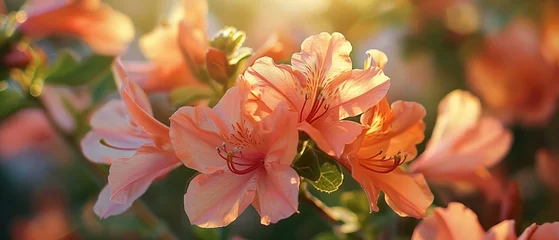 Gordijnen Sun-Kissed Azalea Bloom, A close-up the delicate beauty of azalea flowers bathed in the warm golden light of the setting sun, highlighting their vibrant orange hues and intricate details © auc