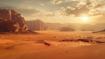 Fototapeta premium The sun dips below the horizon, casting a golden glow over the sweeping sand dunes and majestic rock formations of a tranquil desert landscape, evoking a sense of peace and the vastness of nature.