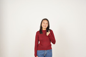 Young Asian woman in Red t-shirt Showing Thumb Up, Agree Concept isolated on white background