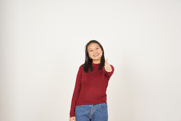 Young Asian woman in Red t-shirt Showing Thumb Up, Agree Concept isolated on white background