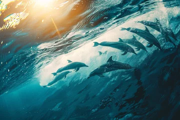 Fotobehang a flock of dolphins under water with sunlight passing through  © Adeel  Hayat Khan