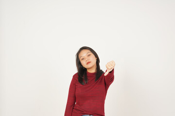 Young Asian woman in Red t-shirt Showing Thumb Down, Disagree concept  isolated on white background