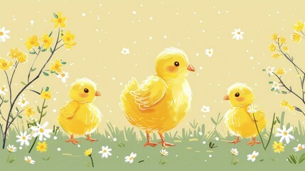 Easter chick and baby chicks, a charming and lively pattern doodle celebrating new life