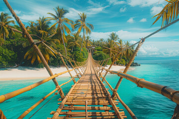 beach with palm trees and bamboo pedestrian hanging bridge