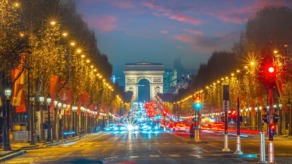 Road of Champs Elysee leading to Arc de Triomphe in Paris, France - obrazy, fototapety, plakaty