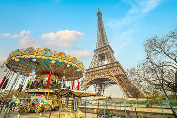 Paris Eiffel Tower and carousel in Paris - 756933366