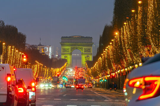 Road of Champs Elysee leading to Arc de Triomphe in Paris, France