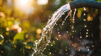 A close-up of a garden hose emitting water, illuminated by the golden hour light.