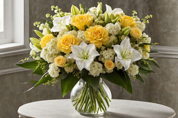 A Captivating Bouquet Showcasing the Intricate Details of Carnations, Daffodils, and Lily of the Valley