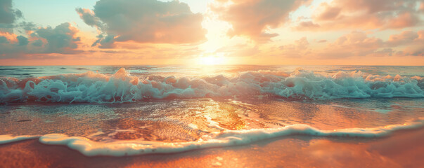 A close-up view of sea sand on the beach, with a panoramic landscape showcasing a tropical seascape horizon. a summer vacation getaway. - obrazy, fototapety, plakaty