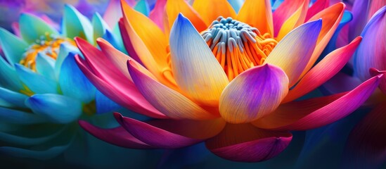 A close up of a vibrant pink lotus flower against a blue background. This aquatic plant is a sacred...