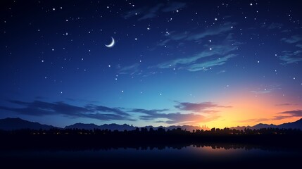 Fototapeta na wymiar Nighttime sky adorned with stars and a moon, evoking the serene ambiance of an Islamic night.