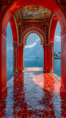 A red arcade frames the water creating a symmetrical view under the sky