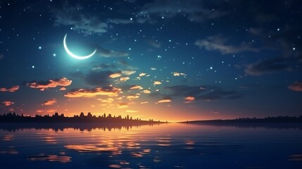 Fototapeta na wymiar Ramadan Kareem backdrop showcasing a crescent, stars, and luminous clouds over a tranquil sea.