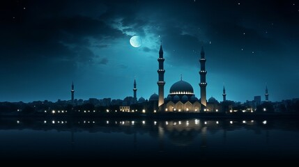 Fototapeta na wymiar Serene mosque bathed in tranquil blue moonlight, symbolizing Ramadan's arrival. Crescent photo captured for Eid ul Fitr celebration.