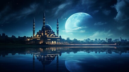 Serene mosque bathed in tranquil blue moonlight, symbolizing Ramadan's arrival. Crescent photo captured for Eid ul Fitr celebration. - obrazy, fototapety, plakaty