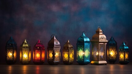 Vibrant decor: Colorful Eid lamps or lanterns, a hallmark of Ramadan and other Islamic holidays, providing space for personalized messages. - obrazy, fototapety, plakaty