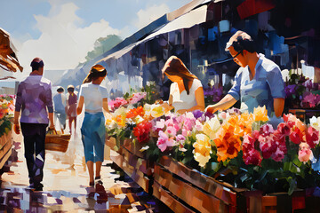 colorful painting of a traditional flower market. impasto, modern, palette knife - obrazy, fototapety, plakaty