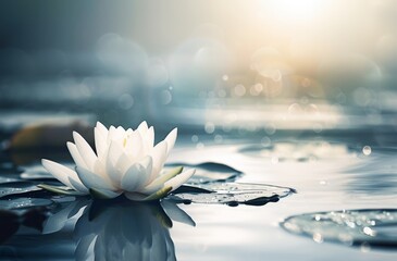 Serene White Water Lily Blooming on a Tranquil Lake at Dawn
