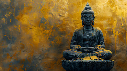 The Statue of Buddha in old temple with Yellow background, copy space buddha statue, ai generated