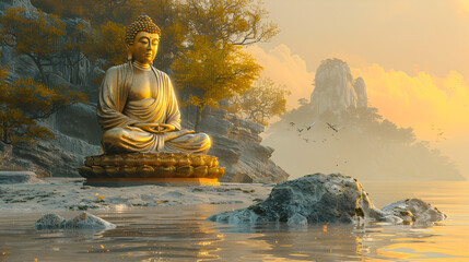 The Statue of Buddha in old temple, copy space buddha statue, ai generated