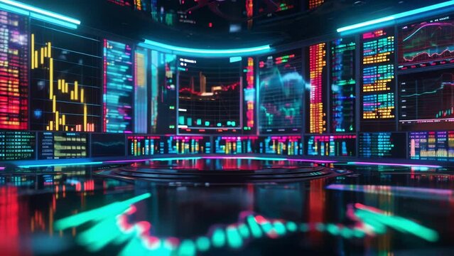A colorful hologram of a trading desk with multiple holographic screens showing different aspects of stock market ysis.